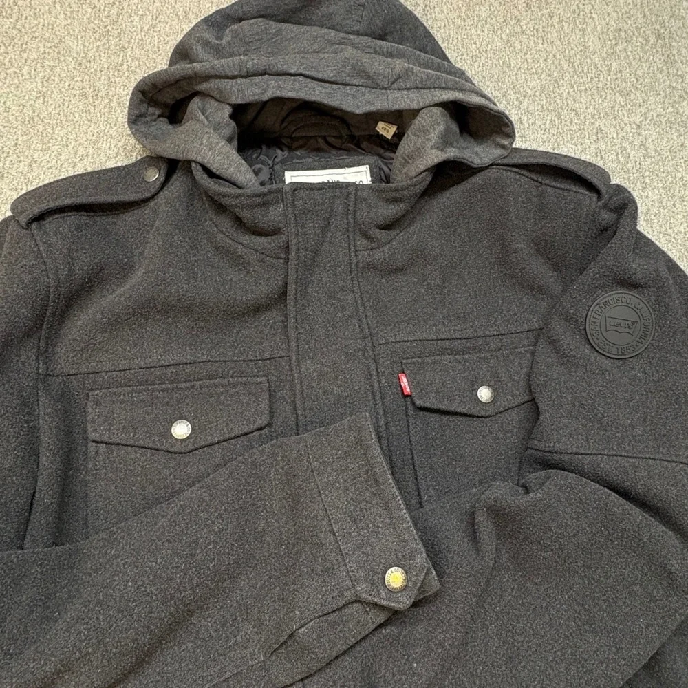 Levis Mens Wool Blend Hooded Field Jacket Charcoal Grey XXL Military Chore‎ Coat